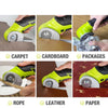 A collection of cordless electric rotary cutters in lime green and black, shown cutting various materials like carpet, cardbo