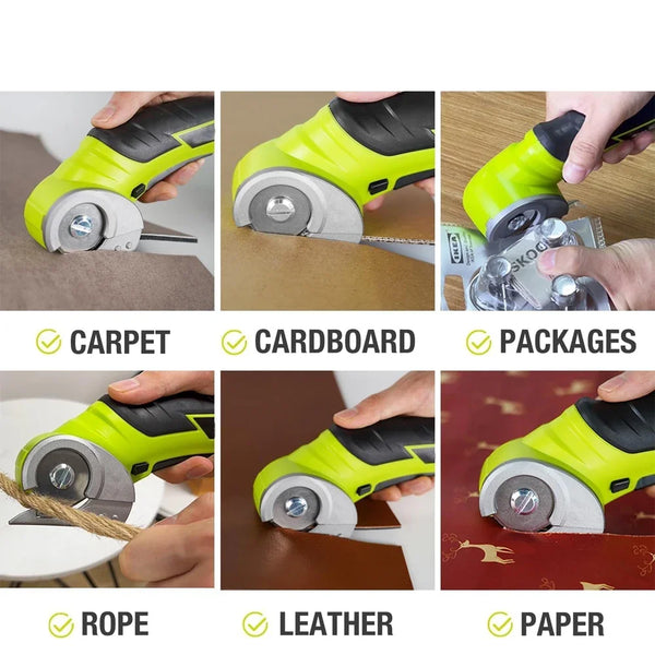 A collection of cordless electric rotary cutters in lime green and black, shown cutting various materials like carpet, cardbo
