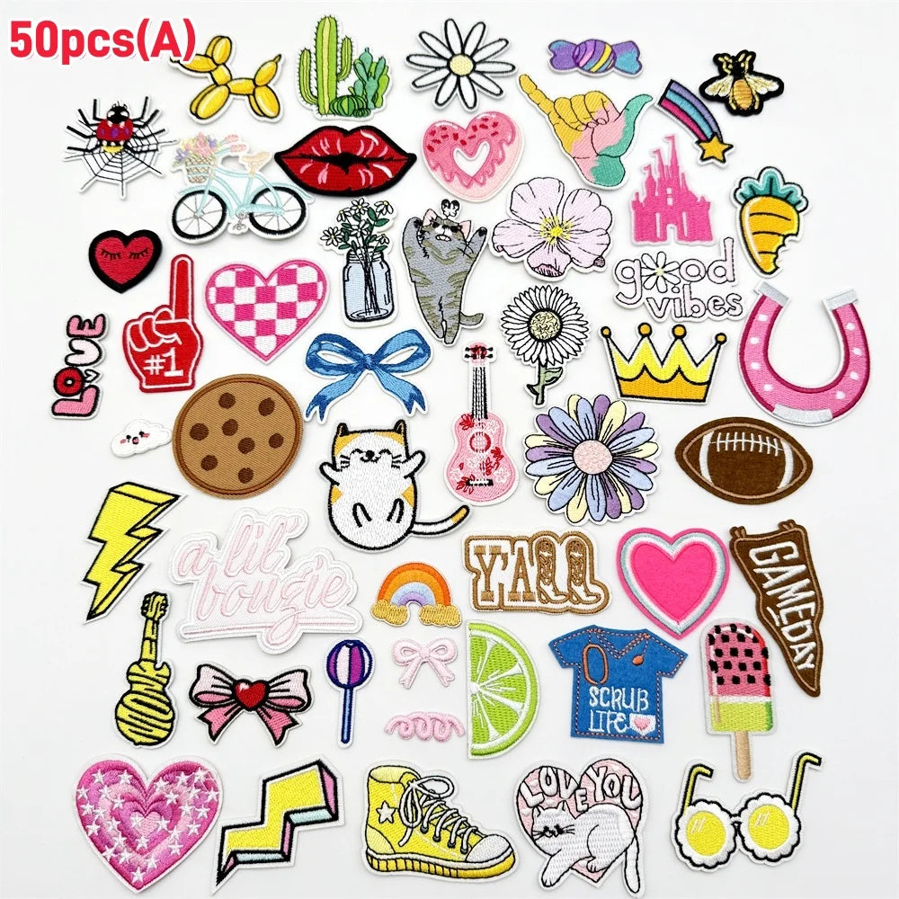 Assorted cartoon embroidery patches featuring various characters, shapes, and designs for DIY projects.