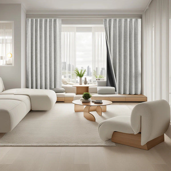 A modern living room featuring light linen curtains and neutral furniture against a bright window backdrop.