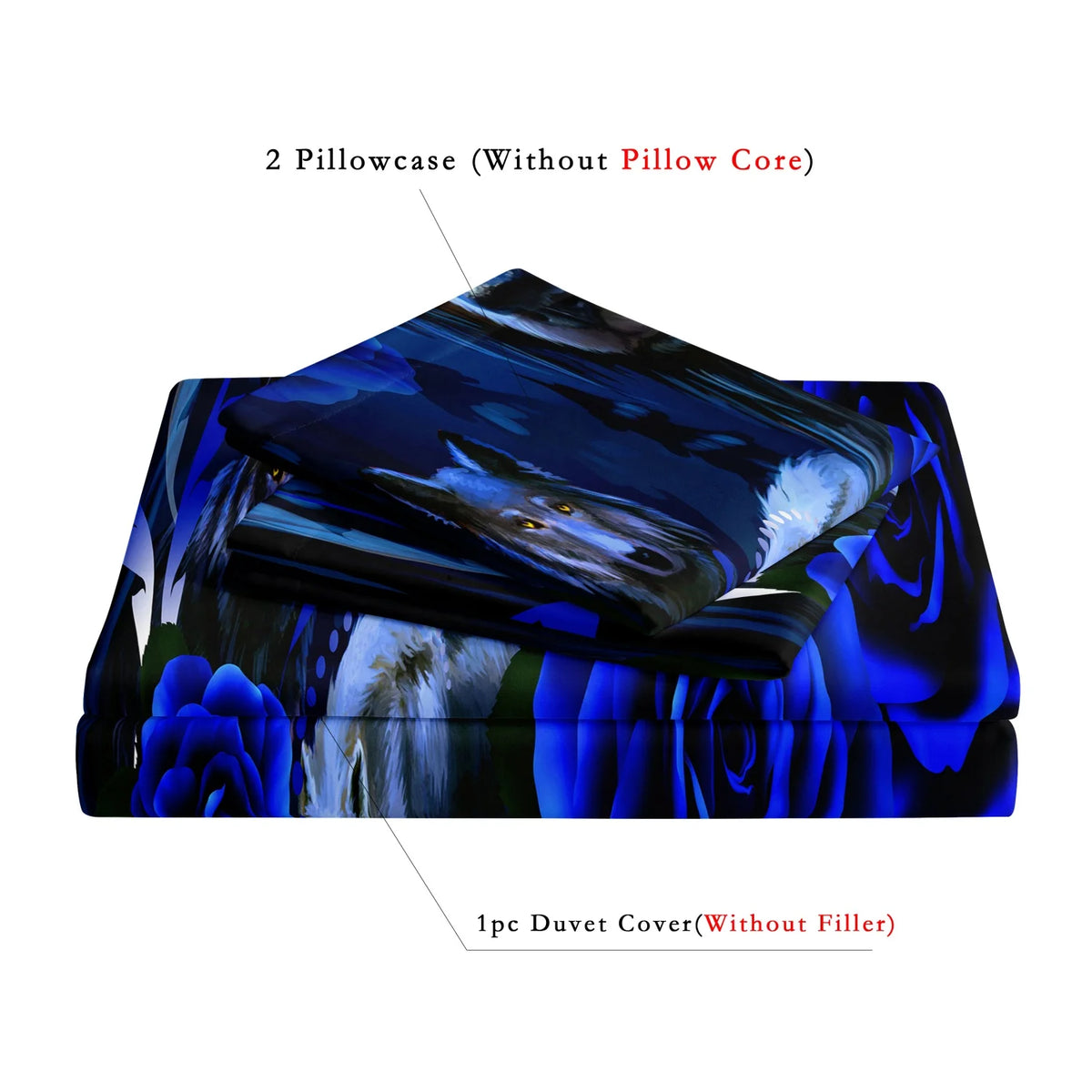 Two pillowcases and one duvet cover featuring a dark blue and white wolf and rose print bedding set.