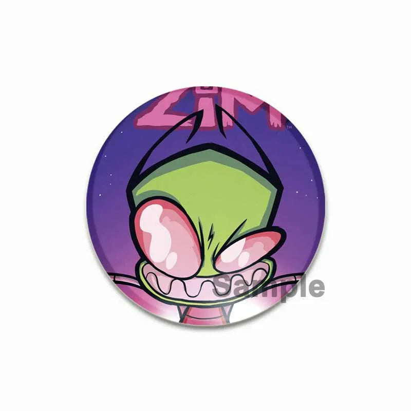 An enamel pin featuring a stylized green alien face with large eyes and a wide grin against a purple background.