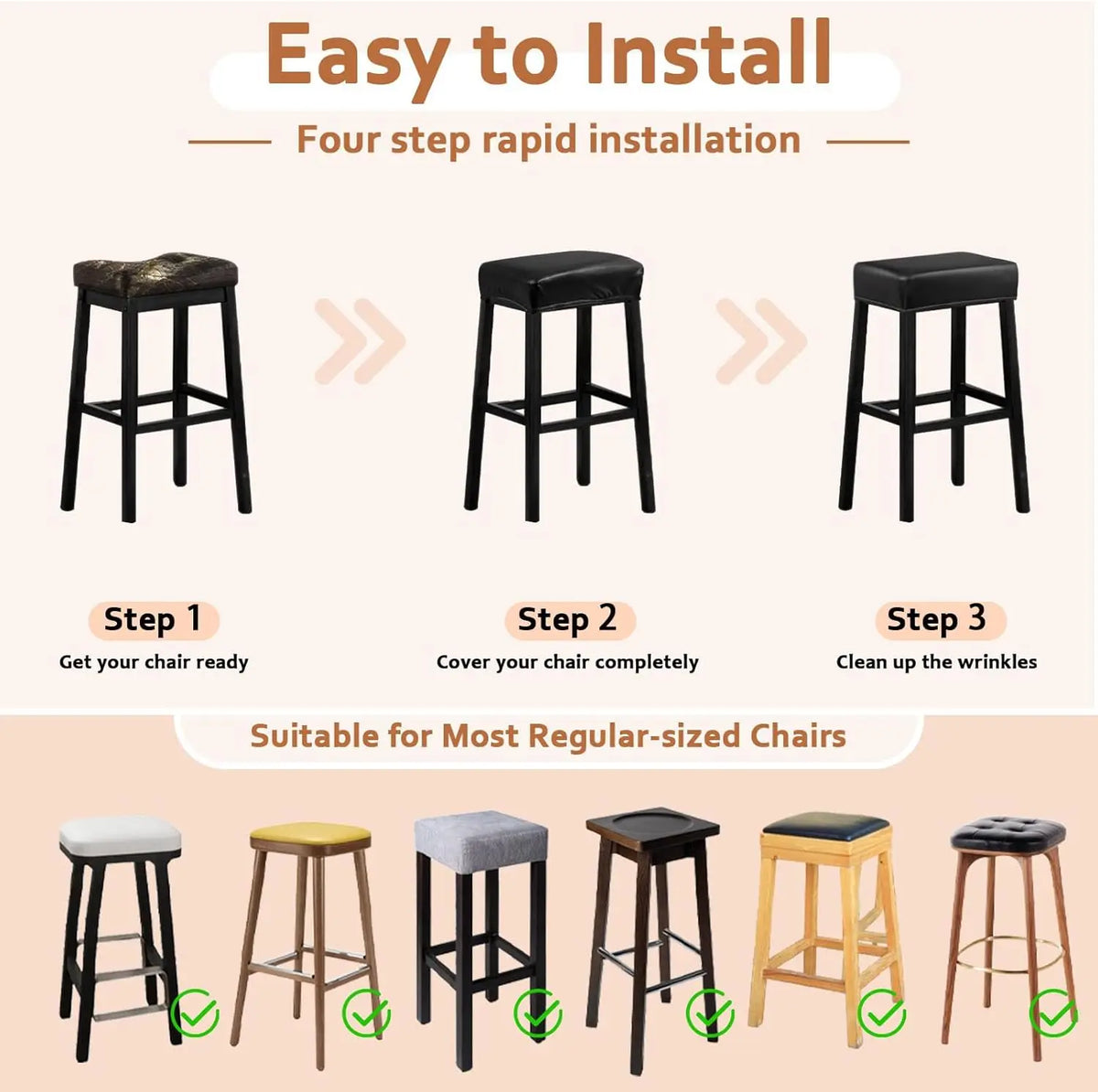 Four step installation guide showing how to cover a chair with waterproof PU leather bar stool covers