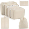 A set of beige travel storage organizers including a large box and smaller pouches.
