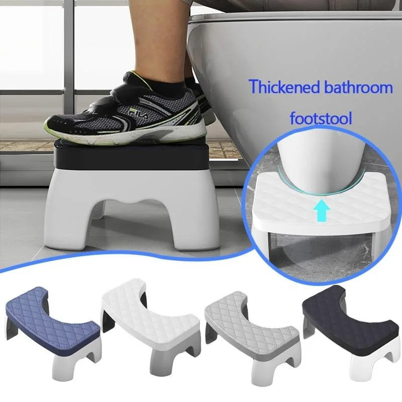 A set of adjustable adult toilet squat stools in various colors and patterns shown next to a footstool.