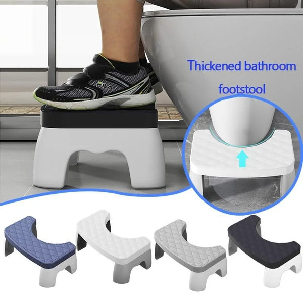 A set of adjustable adult toilet squat stools in various colors and patterns shown next to a footstool.