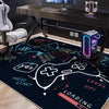 A dark blue gaming area rug featuring a white outline of a controller and various neon accents for a gaming setup.