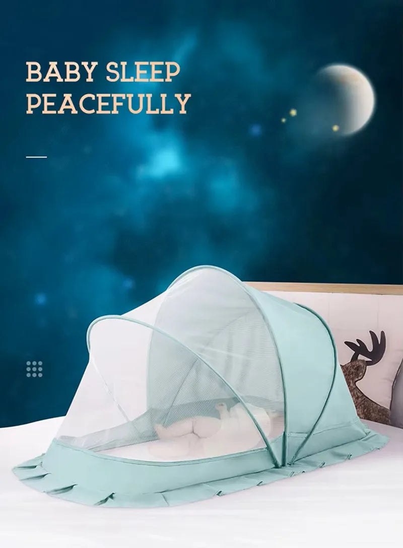 A light blue foldable mosquito net covering an infant in a crib, set against a dark blue, starry background.