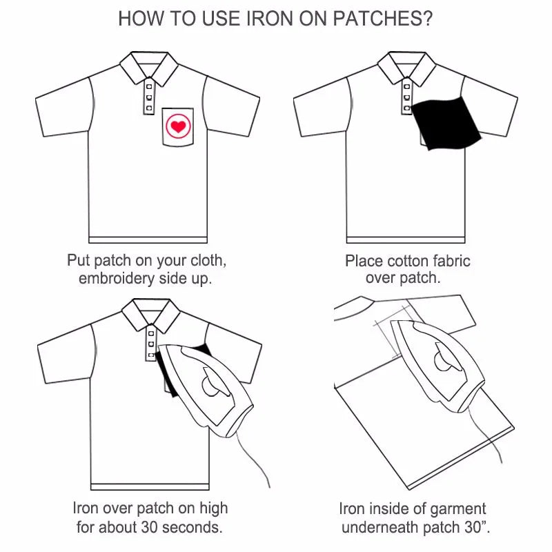 Instructions showing how to use an iron on patches by placing cotton fabric over the patch and ironing for 30 seconds.