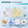 An ergonomic memory foam neck pillow showing various features like slow rebound, moisture-absorbing, and washable pillowcase.