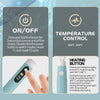 Diagrams showing the on/off function, temperature control, and heating button operation for a soldering wax pen.