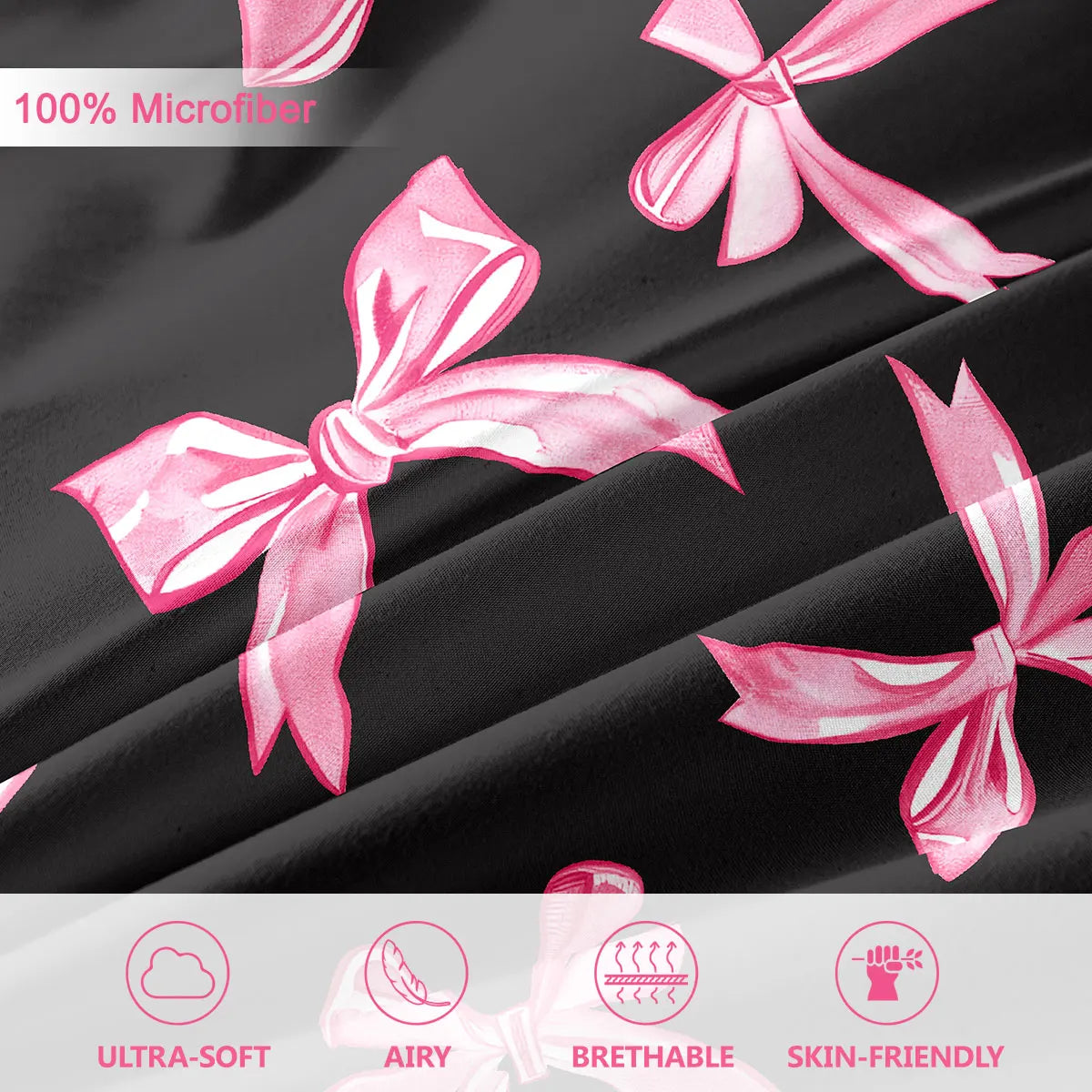 Pink microfiber bow print duvet cover set featuring a plaid pattern and pillowcases.