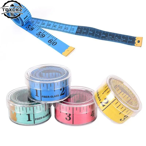 A flexible body measuring tape ruler in blue and yellow, shown as a stretched tape and several coiled versions.