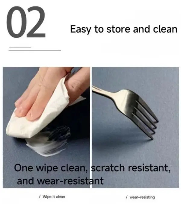 A hand wipes a silver fork with a white cloth, demonstrating the product's ease of cleaning and scratch resistance.