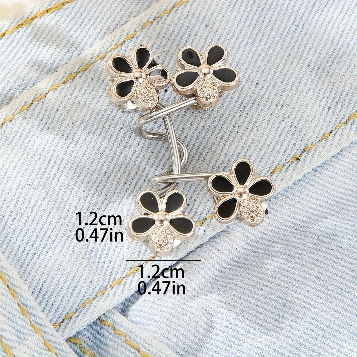 Silver adjustable buckle pants waist tighteners featuring floral-shaped metal clasps