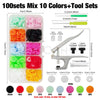 A collection of 100 sets of resin buttons and tool kits in various colors including black, red, yellow, pink, blue, green, an