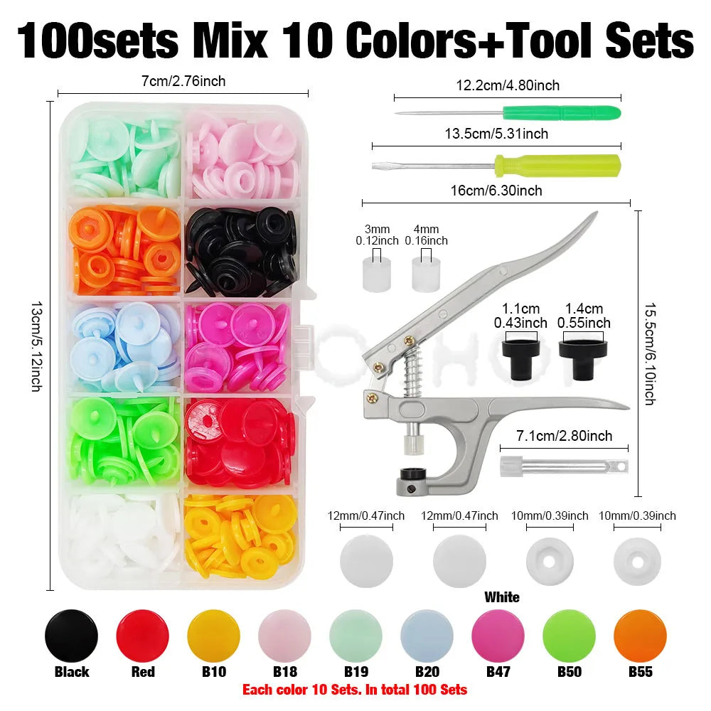 A collection of 100 sets of resin buttons and tool kits in various colors including black, red, yellow, pink, blue, green, an