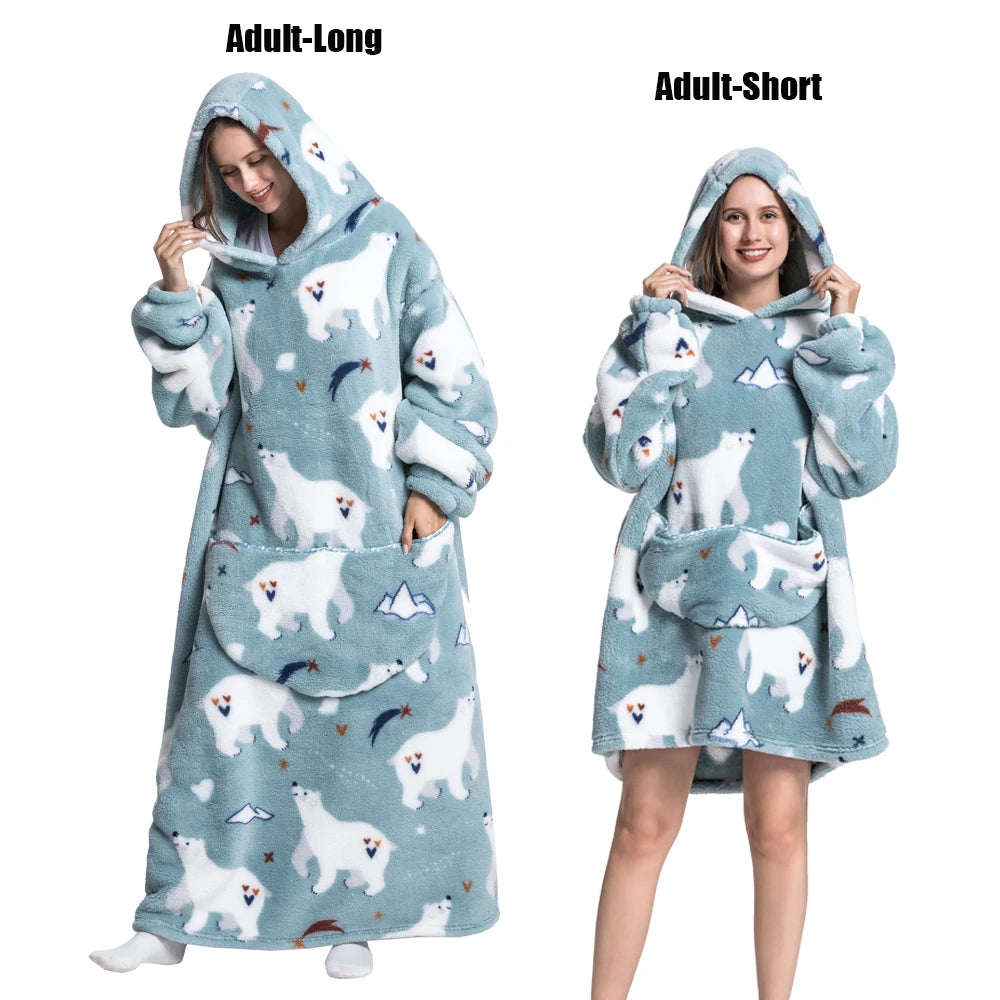 A comparison of an adult-long and adult-short plush fleece blanket hoodie featuring a white dog pattern on a blue background.