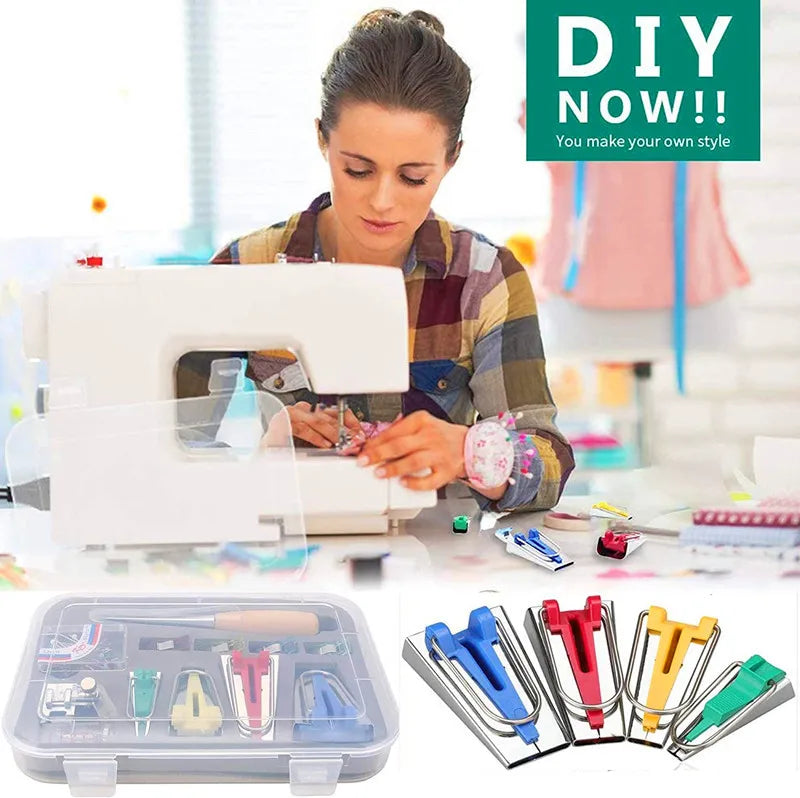 A set of professional sewing bias binder tools including various needles and tools in a clear plastic case.