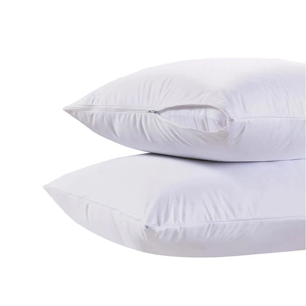 A white waterproof zippered pillow protector shown in two stacked forms.