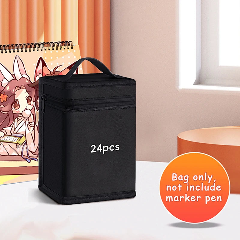 Black portable marker storage pouch with a zipper, showing 24 pieces inside.