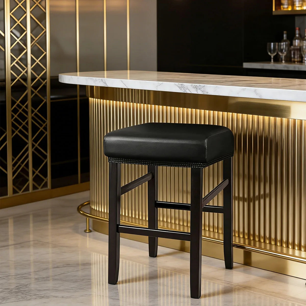A black waterproof PU leather bar stool cover displayed in a modern setting with gold accents.