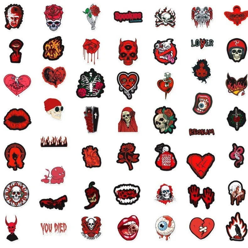 A collection of black and gray gothic skull stickers for notebooks and cups