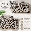 Two leopard print microfiber pillow covers displayed on a light background with features listed.