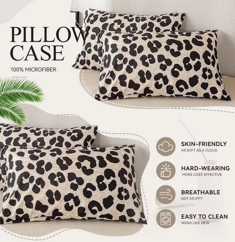 Two leopard print microfiber pillow covers displayed on a light background with features listed.