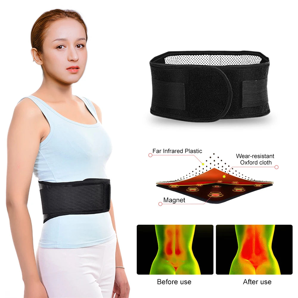 A woman demonstrates a magnetic therapy waist belt for lumbar support, showing its application and before-after results.