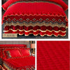 A vibrant red quilted bed skirt with gold embroidery and velvet fabric shown in various angles.