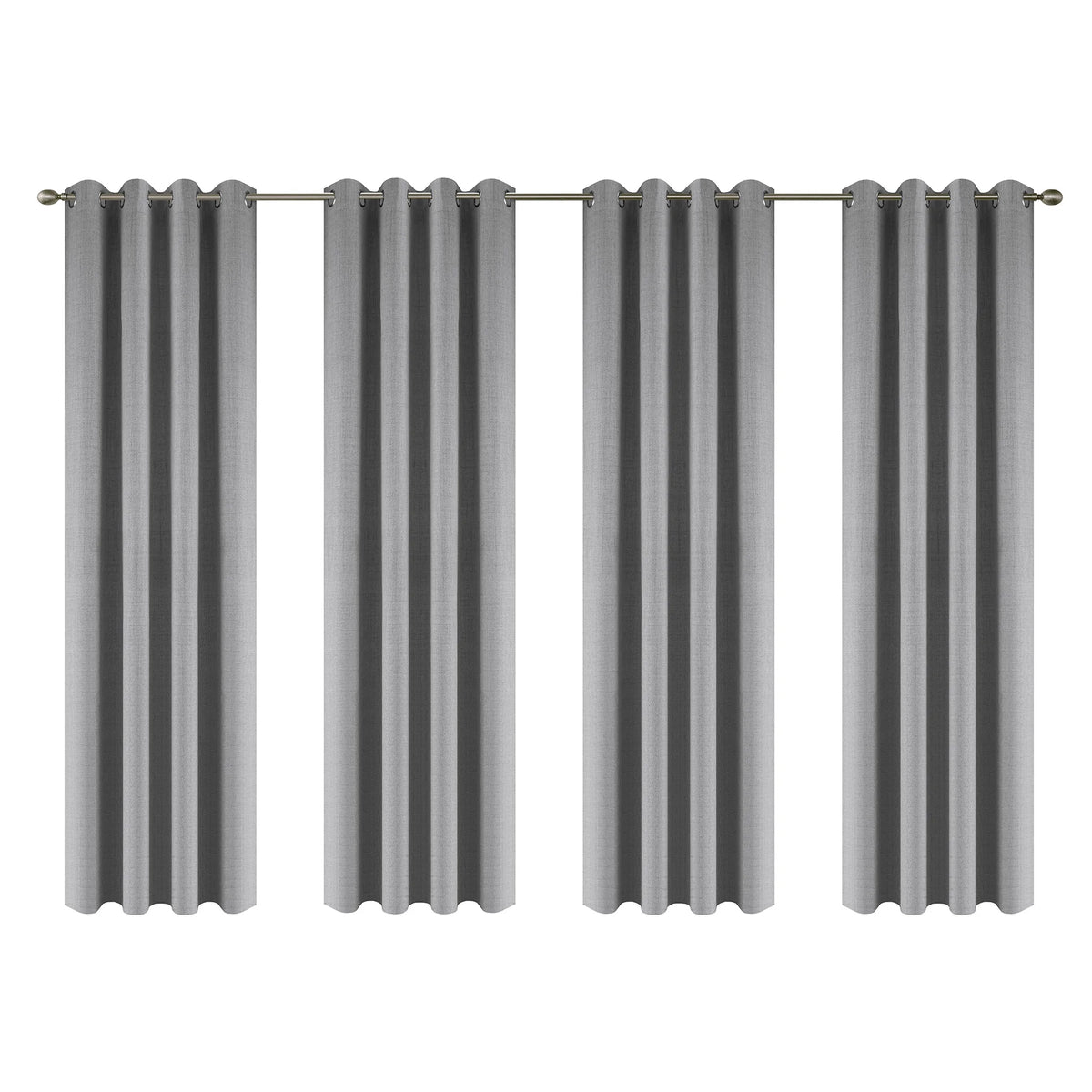 Set of four grey linen textured blackout curtains hanging on a rod.
