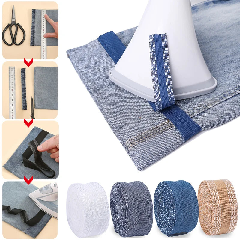 Various rolls and strips of self-adhesive hem tape for fabric repair and shortening in different colors