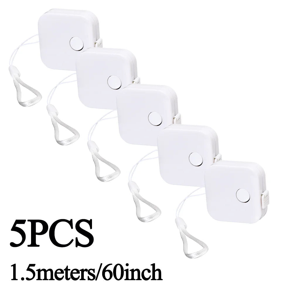 Five white retractable double-sided measurement tapes with attached cords