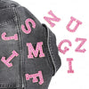 Gray denim jacket featuring pink rhinestone letter patches for DIY