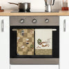 A set of four plaid lettered kitchen towels featuring various designs and colors.