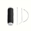 A kit containing black hair extension weft threads and tools, including a spool and tweezers.