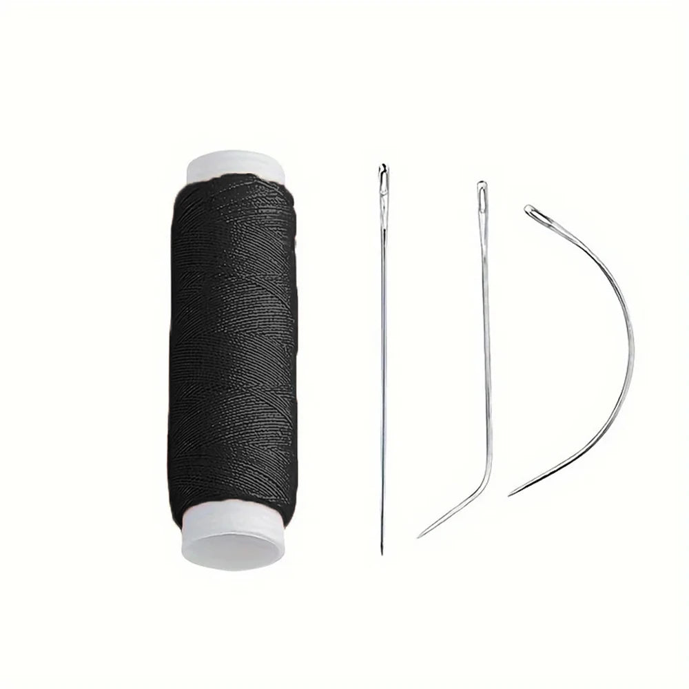 A kit containing black hair extension weft threads and tools, including a spool and tweezers.