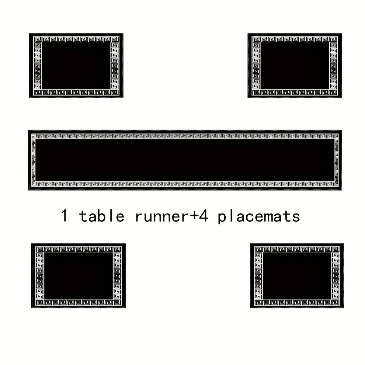 A set of one table runner and four geometric placemats with ornate borders.