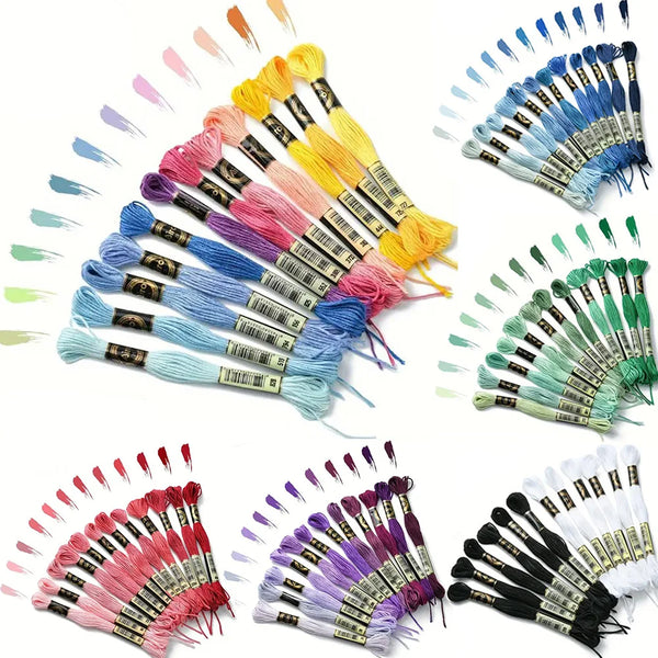 A collection of 12 packs of rainbow gradient embroidery floss threads in various colors and shades for crafting