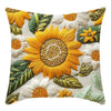 A decorative cushion pillow cover featuring embroidered or textured sunflowers in shades of yellow, orange, and green.