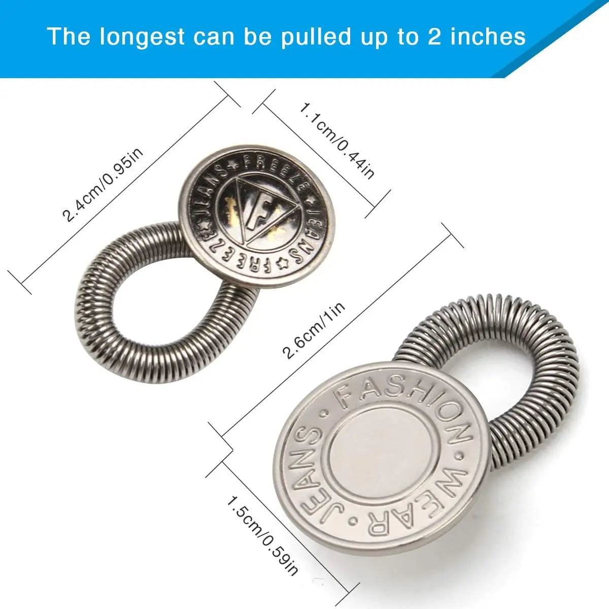 A close-up view of a silver flexible waist extender button designed for jeans and clothing.