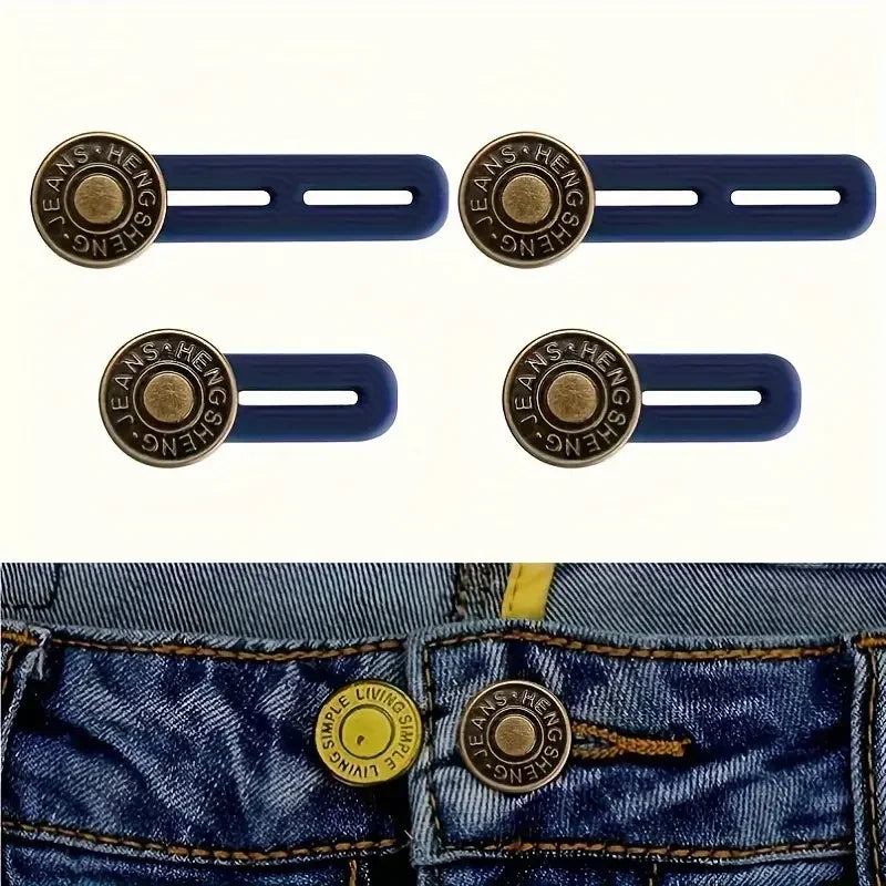 Two pairs of adjustable button extenders for pants, featuring brass-colored buttons and blue plastic extenders.