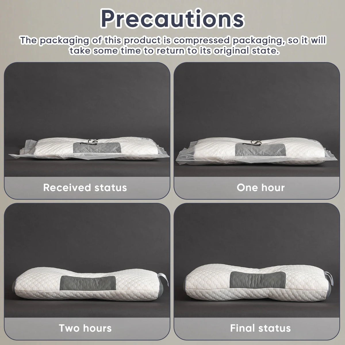 A sequence of images showing an adjustable massage neck pillow transitioning from compressed packaging to its final form over