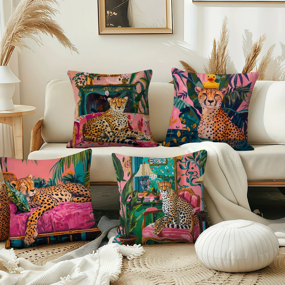 A decorative cushion cover featuring a cheetah print and tropical plant design on a light-colored sofa.