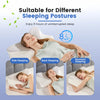 A woman demonstrates sleeping in side, back, and stomach positions on a memory foam pillow for different sleeping postures.
