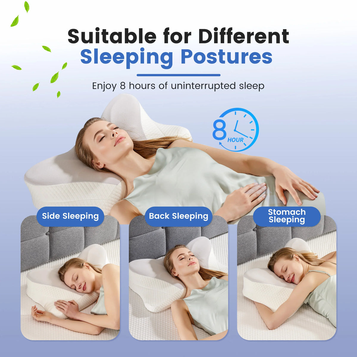 A woman demonstrates sleeping in side, back, and stomach positions on a memory foam pillow for different sleeping postures.