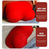 A red memory foam contour chest pillow shown in various angles and contexts.