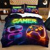 A dark duvet cover featuring neon glowing gamer graphics and controller designs.