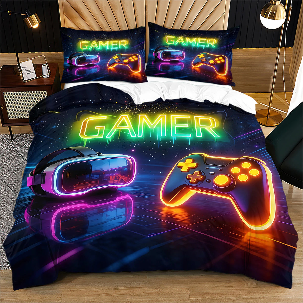 A dark duvet cover featuring neon glowing gamer graphics and controller designs.